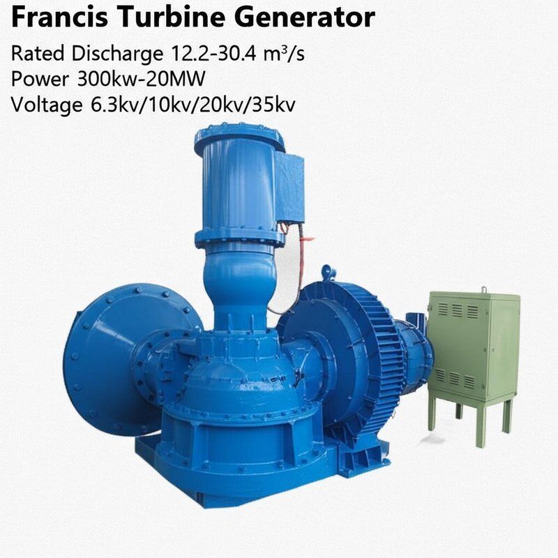 Gerador de Turbina Francis com Descarga Nominal de 12,2-30,4 m³/s Potência de 300kw-20MW e Tensão de 6,3kv/10kv/20kv/35kv